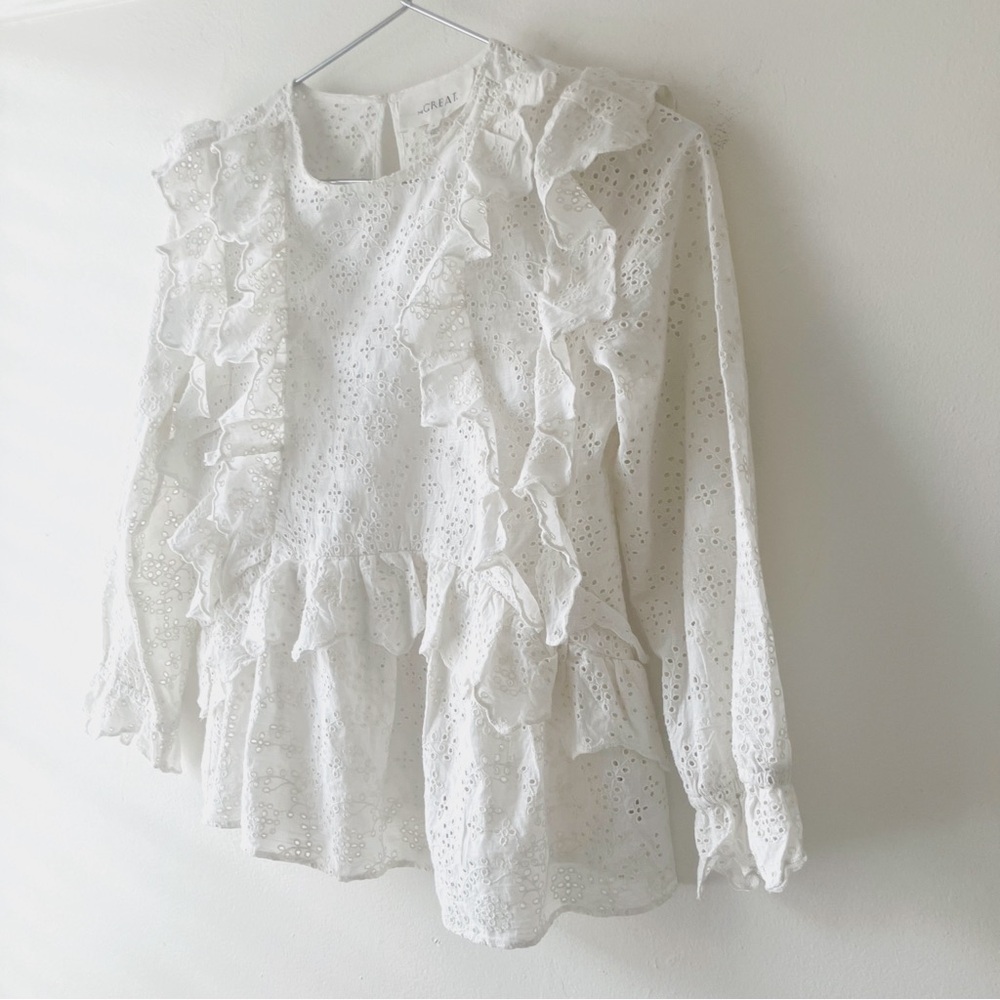 The Great. • Pure Cotton Eyelet Ruffle Blouse in White